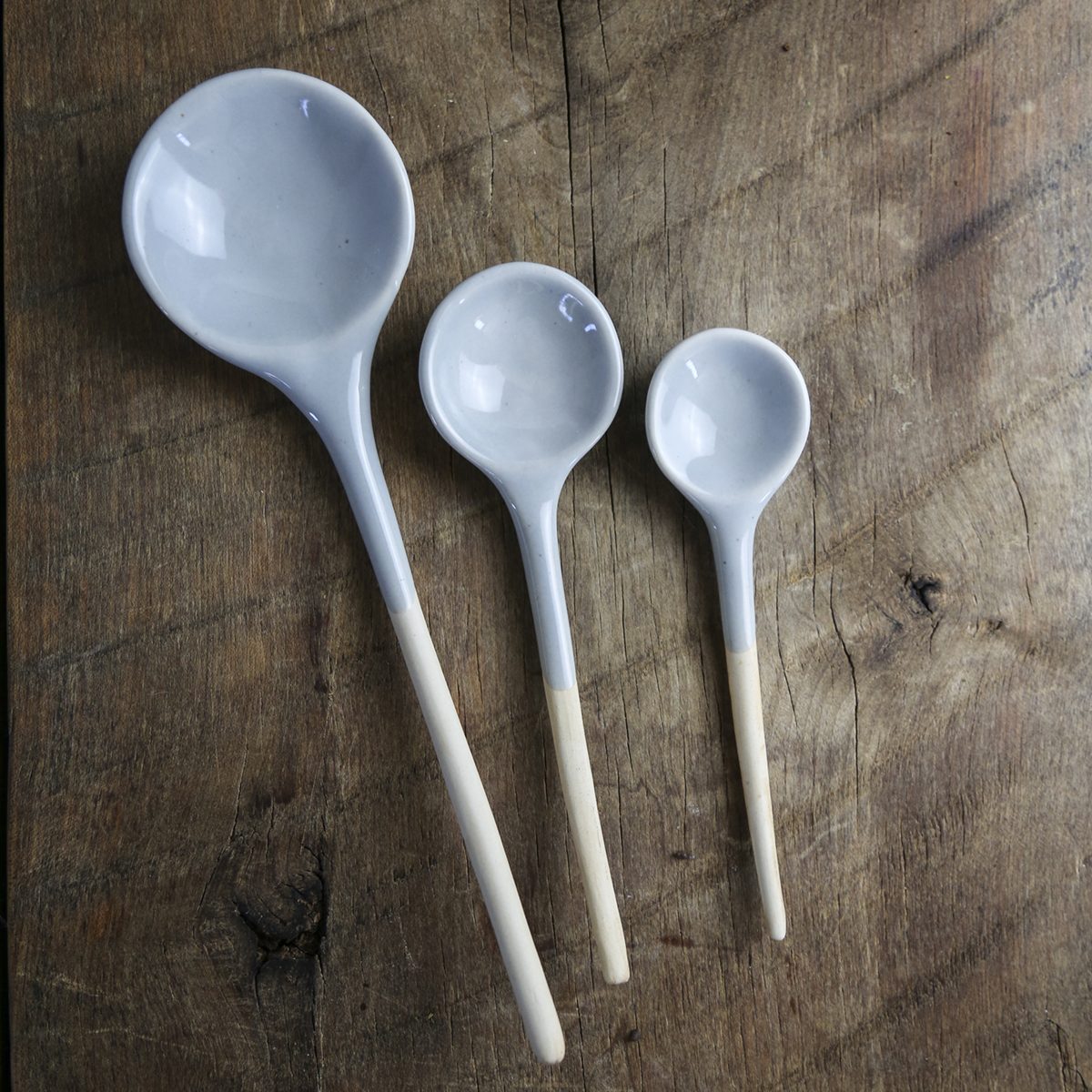 Ceramic Serving Spoons Trio 5", 6", 8.5" Lt Grey The Beekeeper's