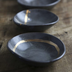 Ceramic Handbuilt Bowl 3" Grey/Gold Stripe