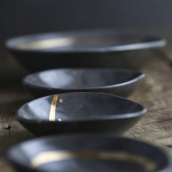Ceramic Handbuilt Bowl 3" Grey/Gold Line Dot