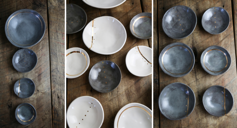 Ceramic Handbuilt Bowl Grey / Gold Line Dot