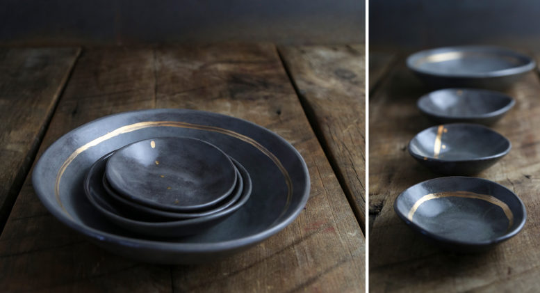Ceramic Handbuilt Bowl 3" Grey/Gold Dot