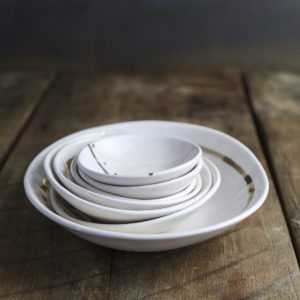 Ceramic Handbuilt Bowl 7" White/Gold Stripe 1