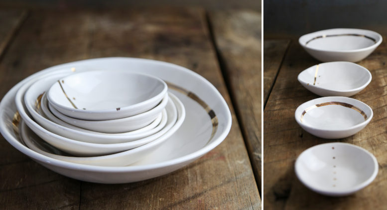 Ceramic Handbuilt Bowl 7" White/Gold Stripe