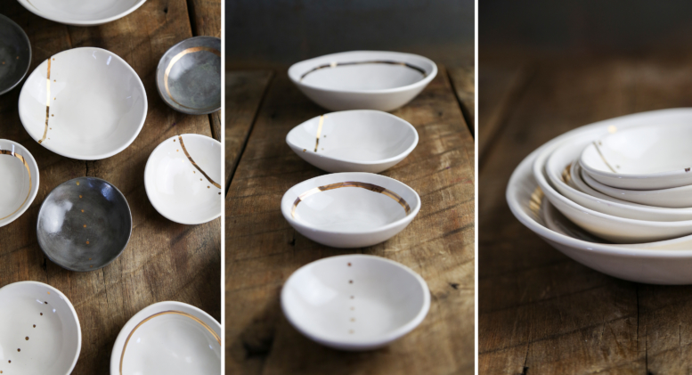 Ceramic Handbuilt Bowl 3" White/Gold Stripe