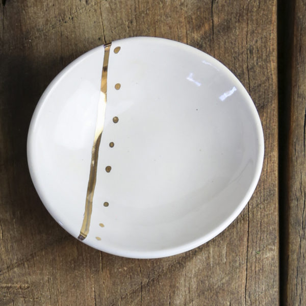 Ceramic Handbuilt Bowl 3" White/Gold Line Dot 1